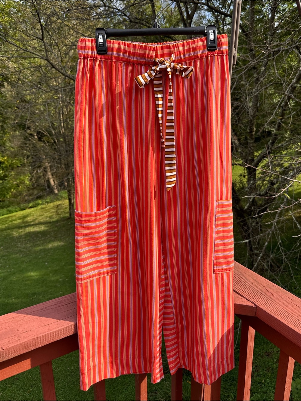 Pink & Orange Striped Wide Leg Pants With Patch Pockets